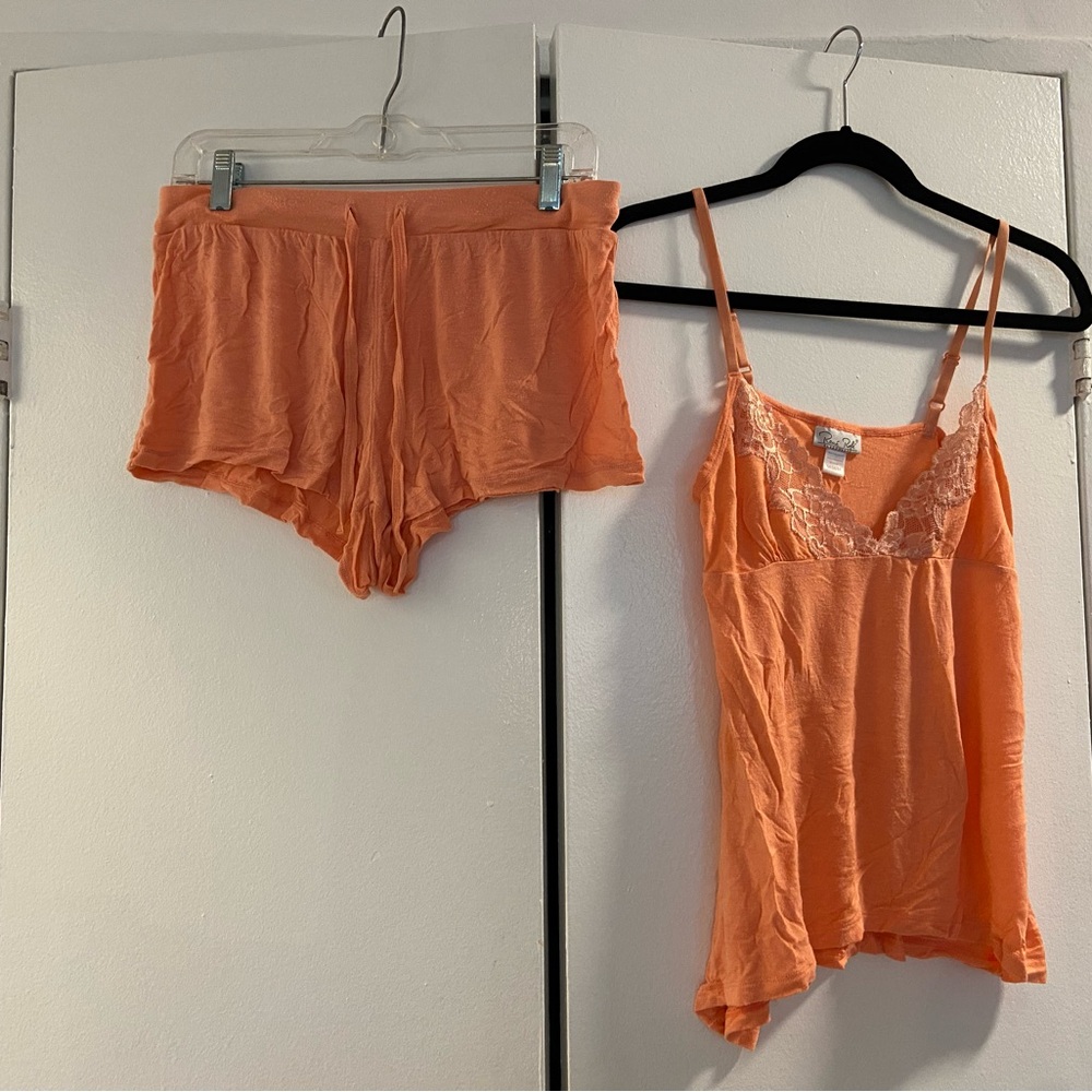 Rene Rofe Peach Lace-Trim Cami & Shorts Sleep Set